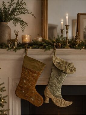 Gold Embroidered Couple Christmas Stocking Set
